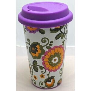 Longaberger Pottery Floral Ceramic Travel Mug w/ Purple Lid ~ 2-Piece